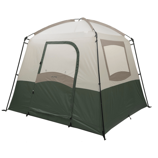 Two-tone camping tent with a white top and green bottom on a white background