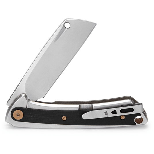 A folding pocket knife with a silver stainless steel blade and handle, featuring a black textured inlay and copper-colored rivets, shown open on a white background.