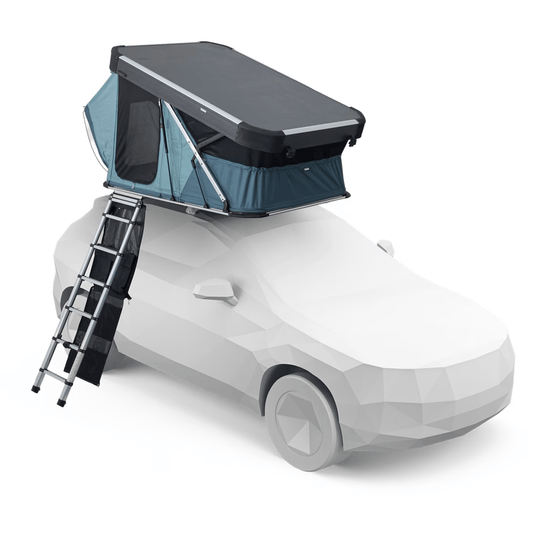 Car with a rooftop tent and ladder on a white background