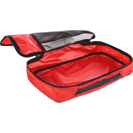 Red suitcase with black trim on a white background