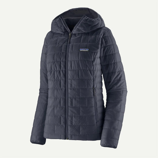Dark gray quilted jacket with a brand logo on a light gray background