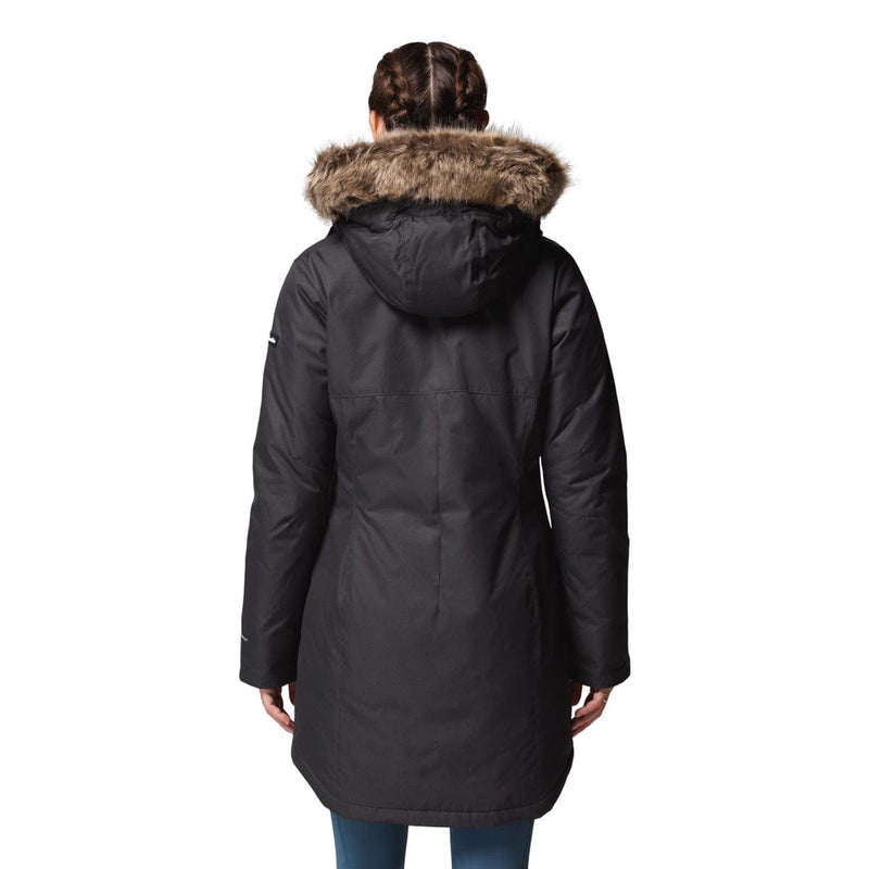 Load image into Gallery viewer, Black winter coat with fur hood on a white background
