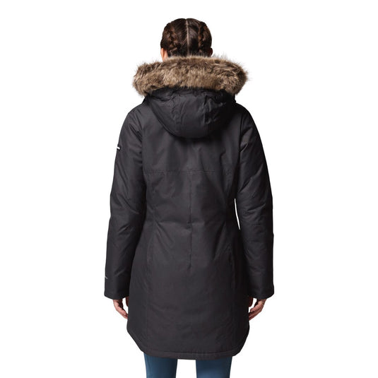 Black winter coat with fur hood on a white background