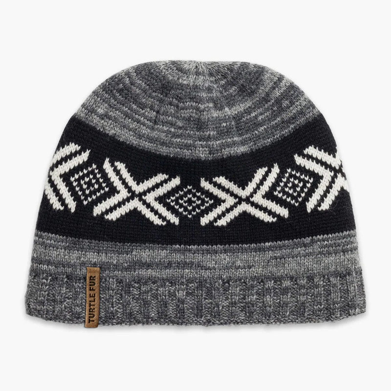 Load image into Gallery viewer, Knitted beanie with geometric pattern on a white background
