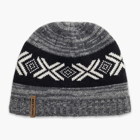 Knitted beanie with geometric pattern on a white background