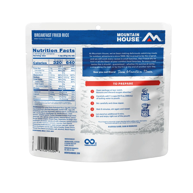 Load image into Gallery viewer, Mountain House breakfast fried rice package with nutrition facts and preparation instructions.
