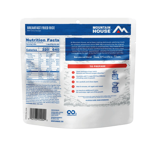 Mountain House breakfast fried rice package with nutrition facts and preparation instructions.