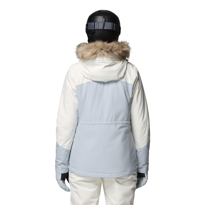 Load image into Gallery viewer, Person wearing a two-tone snow jacket with fur-lined hood on a white background
