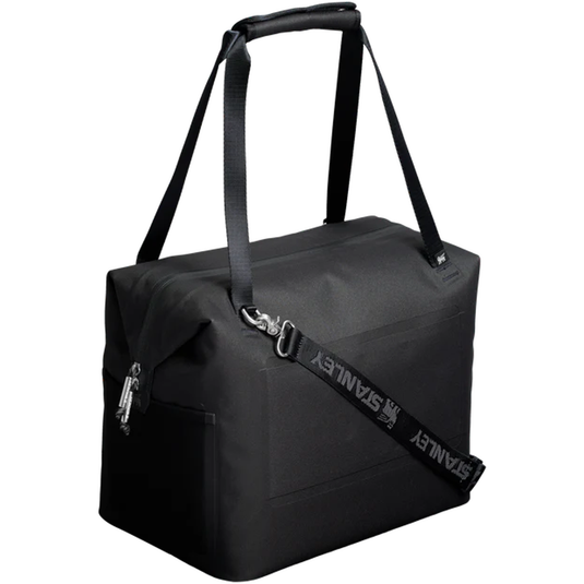 Black duffel bag with a strap on a white background