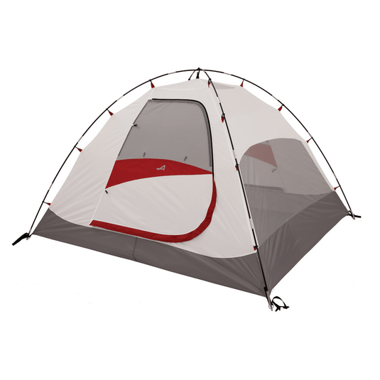 Camping tent with gray and red design on a white background