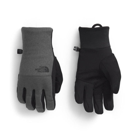 Pair of gray and black gloves with The North Face logo on a white background