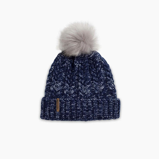 Navy blue knit beanie with a gray pom-pom on a white background