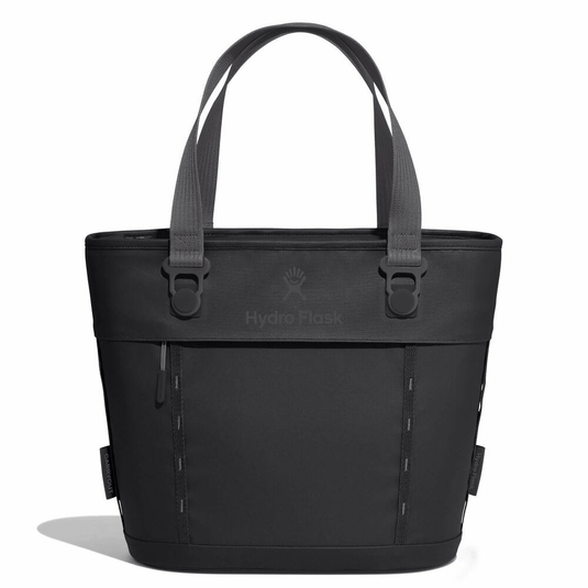 Black tote bag with Hydro Flask logo on a white background