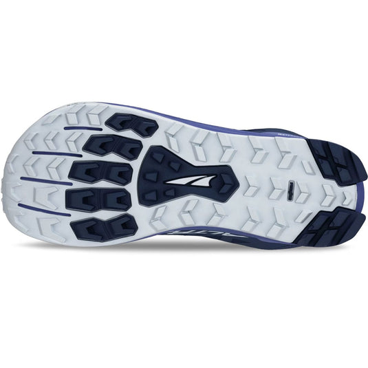 Close-up of a running shoe sole with tread pattern on a white background