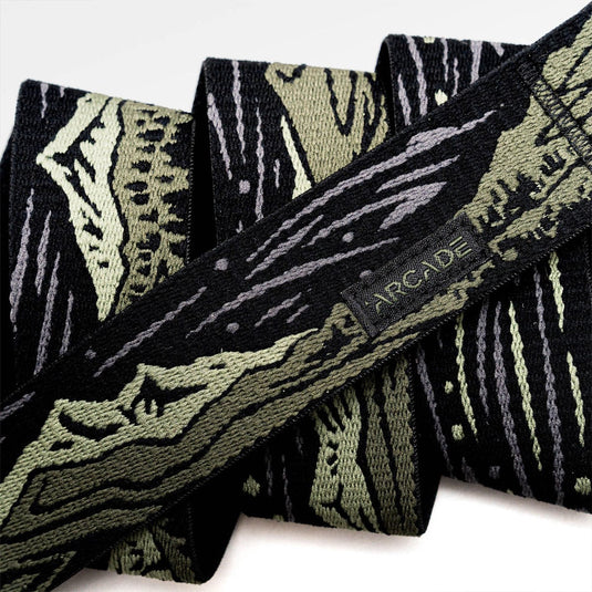 Patterned fabric with a brand label on a white background