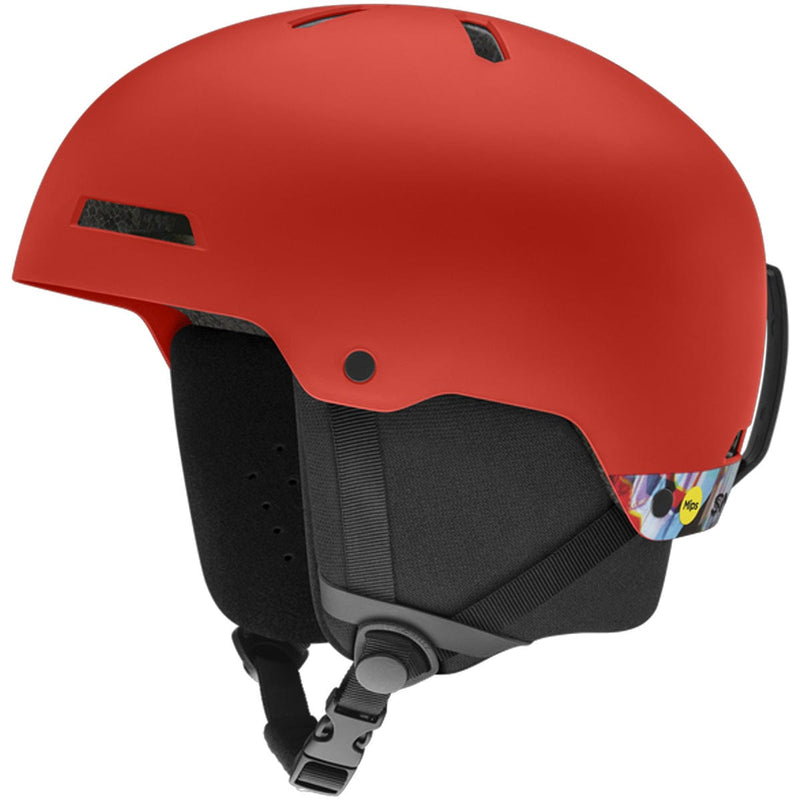 Load image into Gallery viewer, Red helmet with black interior and chin strap on a white background
