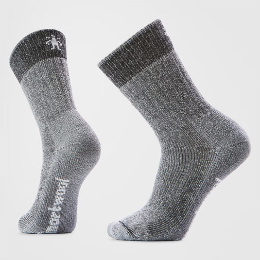 Pair of gray socks with black accents on a light gray background