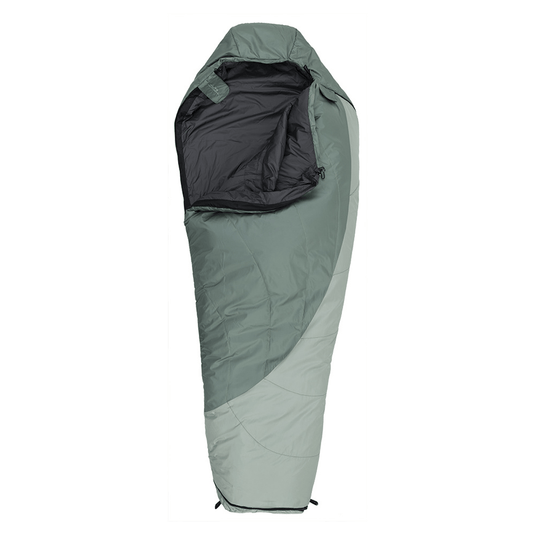 A mummy-style sleeping bag in sage green with a black interior lining, shown on a plain white background.