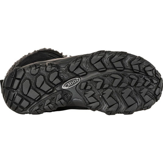 Black sandal with a textured sole on a white background