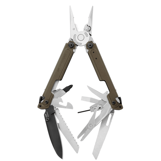 Multitool with various tools extended on a white background