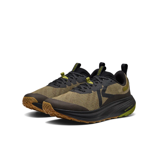 Pair of black and brown athletic shoes on a white background