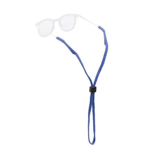 White eyeglasses on a blue elastic cord with a black clasp on a white background