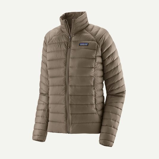 Brown puffer jacket with Patagonia logo on a white background