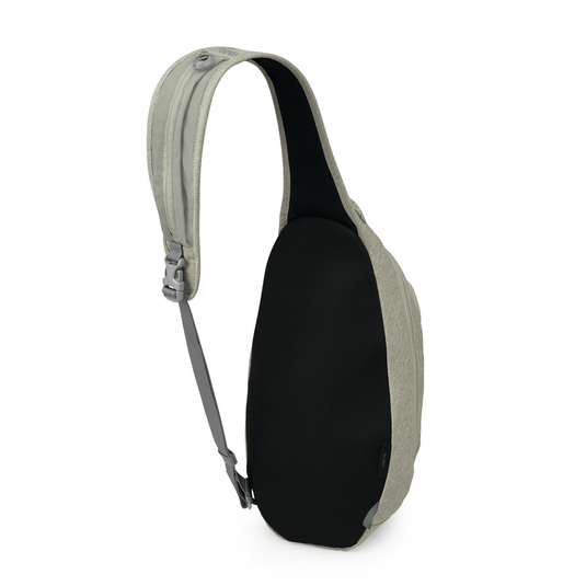 Black sling bag with gray strap on a white background