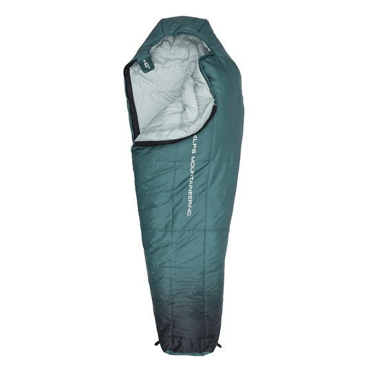 Green sleeping bag with white interior on a white background