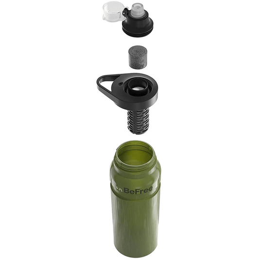 Green water bottle with various components on a white background