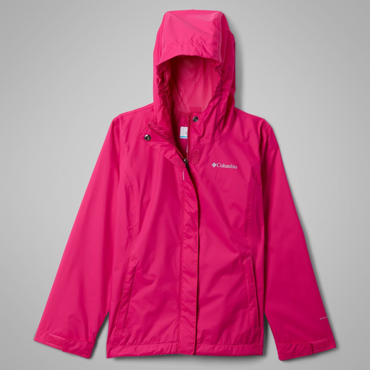 Pink rain jacket with Columbia logo on a gray background