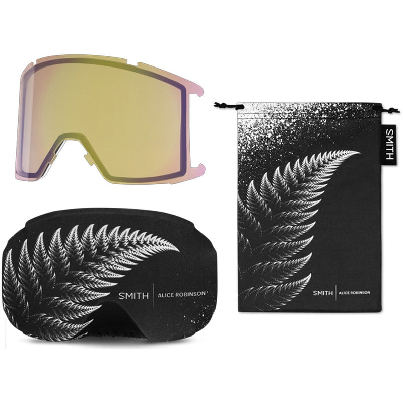 Load image into Gallery viewer, Smith goggles with pink lens, black case, and branded pouch on a white background
