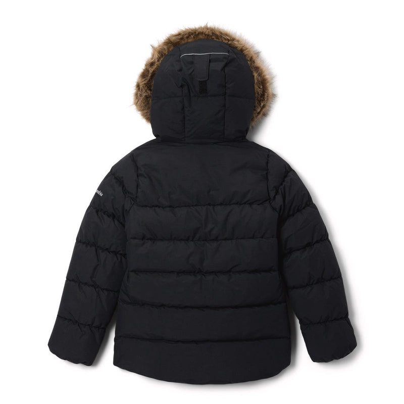 Load image into Gallery viewer, Black puffer jacket with fur-lined hood on a white background
