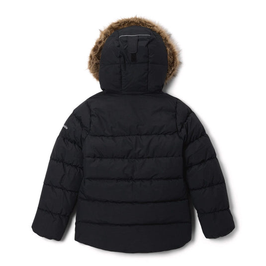 Black puffer jacket with fur-lined hood on a white background