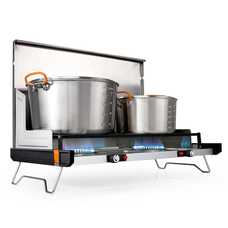 Load image into Gallery viewer, Portable gas stove with stainless steel pots on a white background
