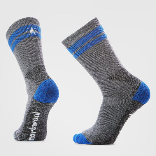 Pair of gray socks with blue accents on a light gray background