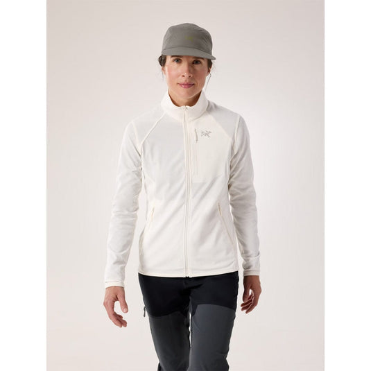 Person wearing a white jacket with a brand logo on a light gray background