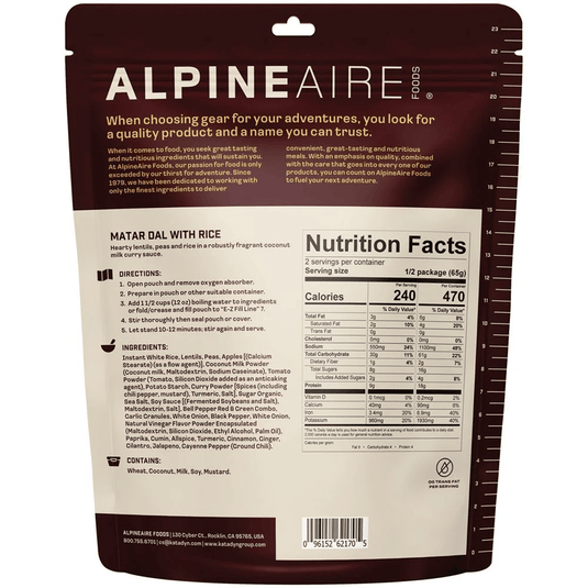 Back of a Alpine Aire food package with nutritional information and ingredients list.