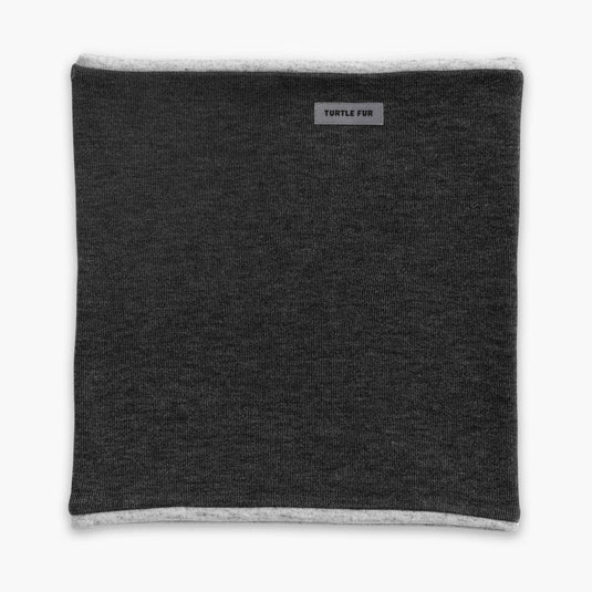 Dark gray neck warmer with a brand label on a white background