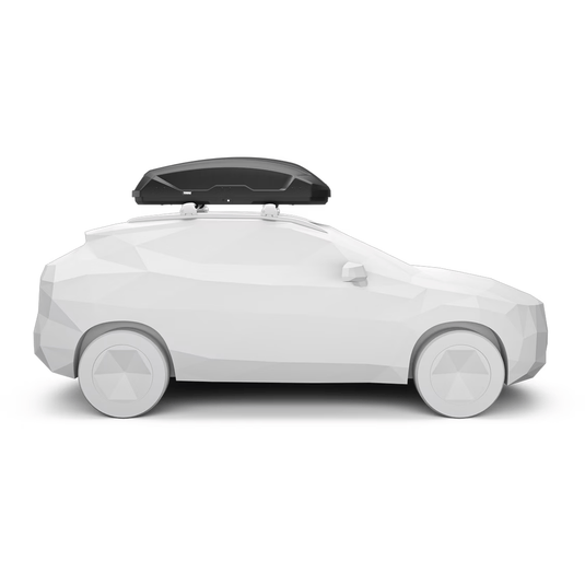 White toy car with a black roof box on a white background