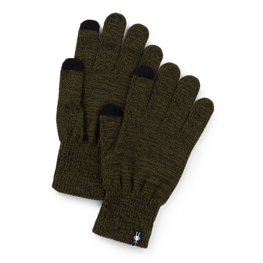 Pair of olive green gloves with black tips on a white background