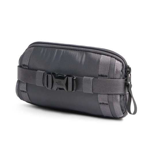 Gray pouch with multiple zippers and straps on a white background