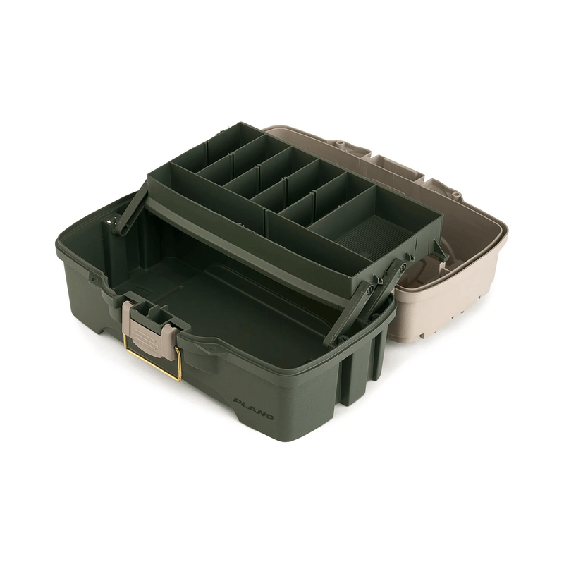 Load image into Gallery viewer, Green fishing tackle box with compartments on a white background
