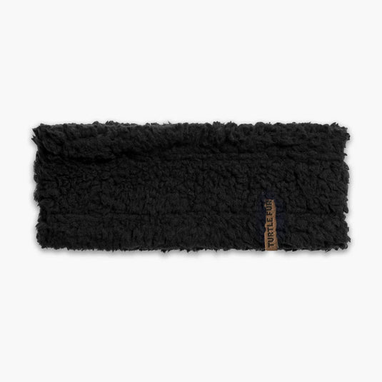 Black textured headband with a brand label on a white background