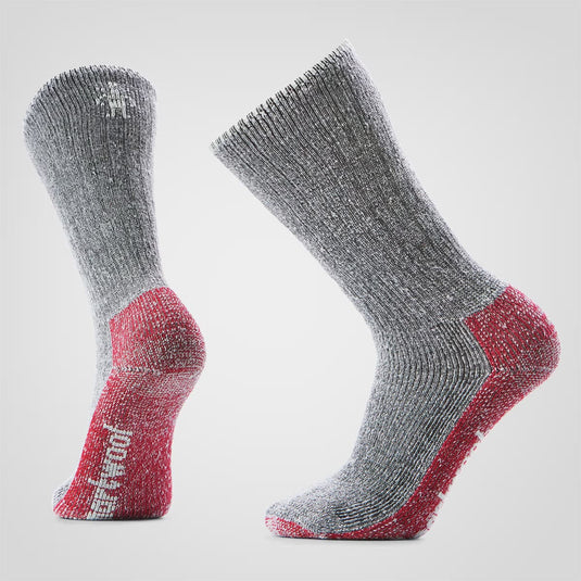 Gray and red socks with 'Hi-Tec' branding on a light gray background