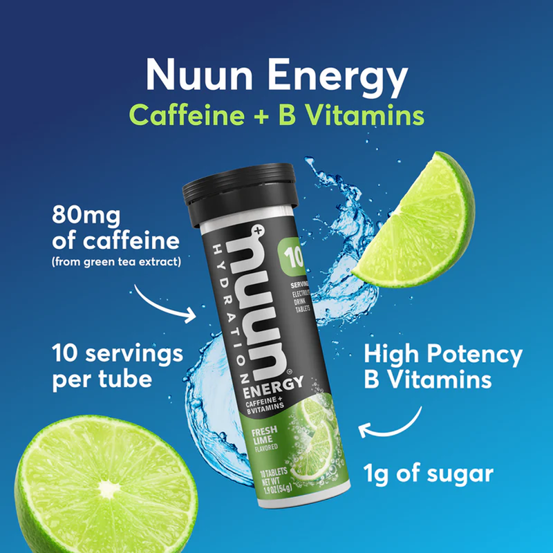 Load image into Gallery viewer, Nuun Energy drink tube with lime slices on a blue background
