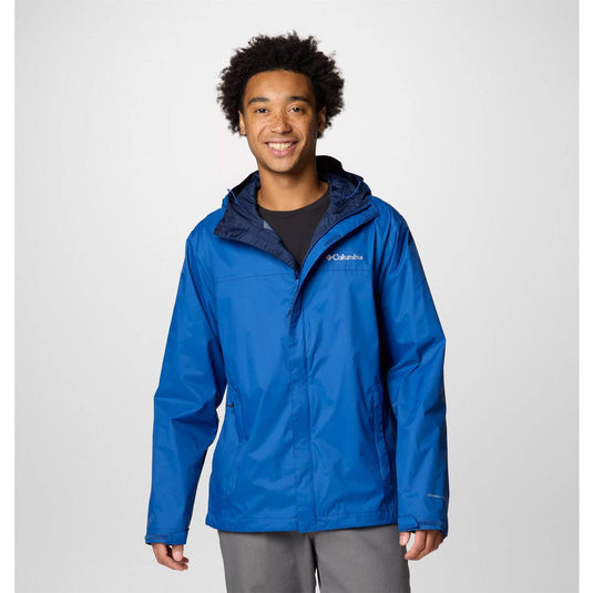 Person wearing a blue Columbia jacket on a white background