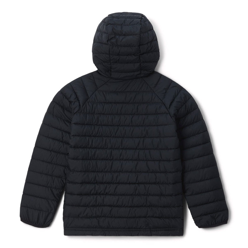 Load image into Gallery viewer, Black puffer jacket with a hood on a white background
