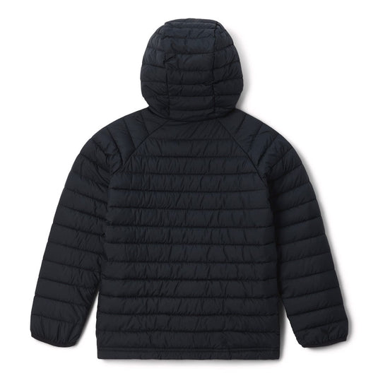Black puffer jacket with a hood on a white background