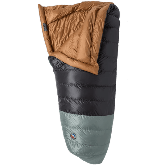 Three-season sleeping bag with brown, black, and gray sections on a white background